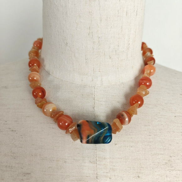 Vintage Lot of Two Beaded Necklaces Green Orange Coral Stones 17" - 18" Long - Picture 2 of 12